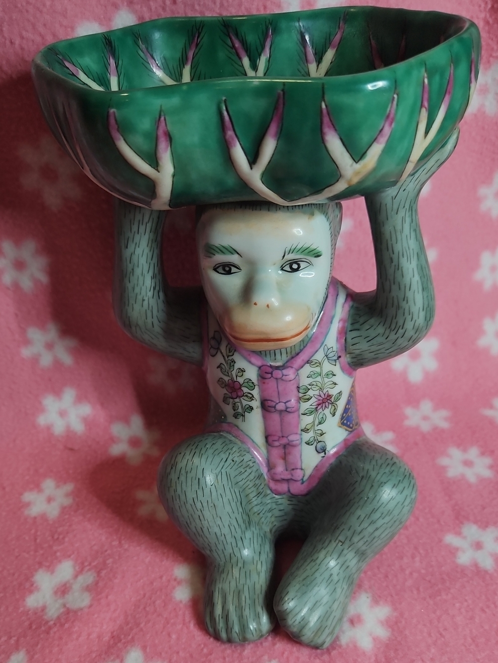 Green and Pink Vintage Ceramic Monkey Planter Bowl - Decorative Home Art
